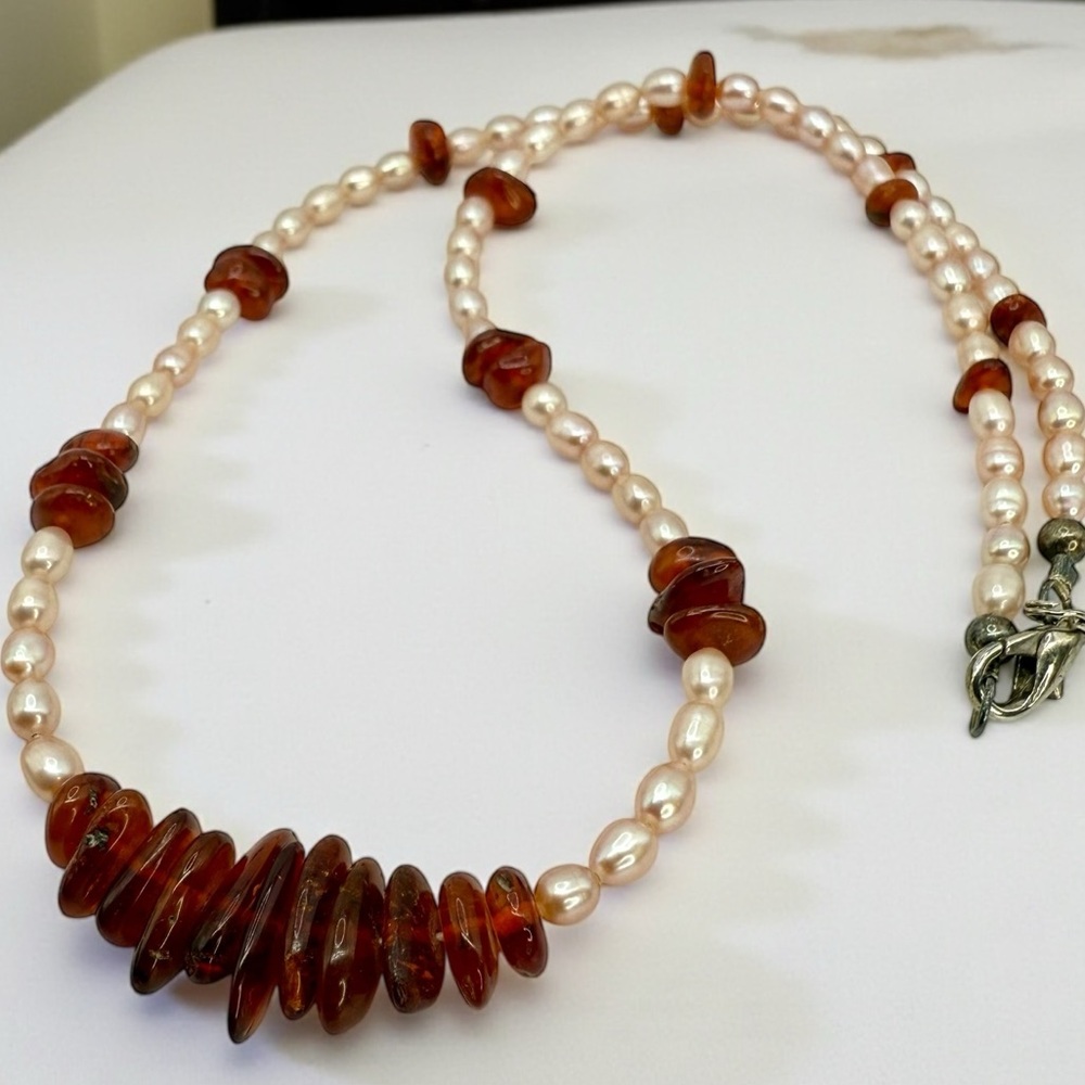 Genuine Amber & Freshwater Pearl Necklace – 18” - Picture 14 of 17